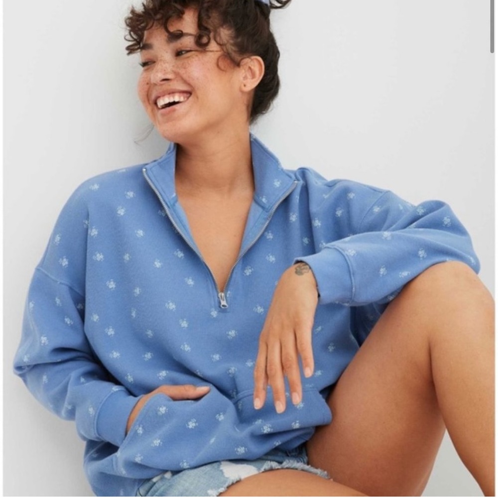 Aerie Quarter Zip Sweatshirt Blue Floral Oversized fit size extra small XS